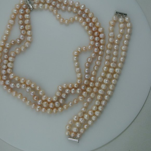 3-Strand 7mm Peach Freshwater Pearl Necklace & Bracelet Set - Picture 6 of 9